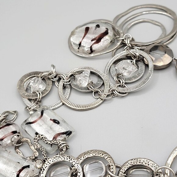 Silver Tone Striped Art Glass Pendant Necklace Linked Interlocking Circles 28" - Picture 8 of 10